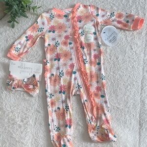 NWT Milkberry Orange Floral Footie Set 0-3M Bamboo w/ Headband